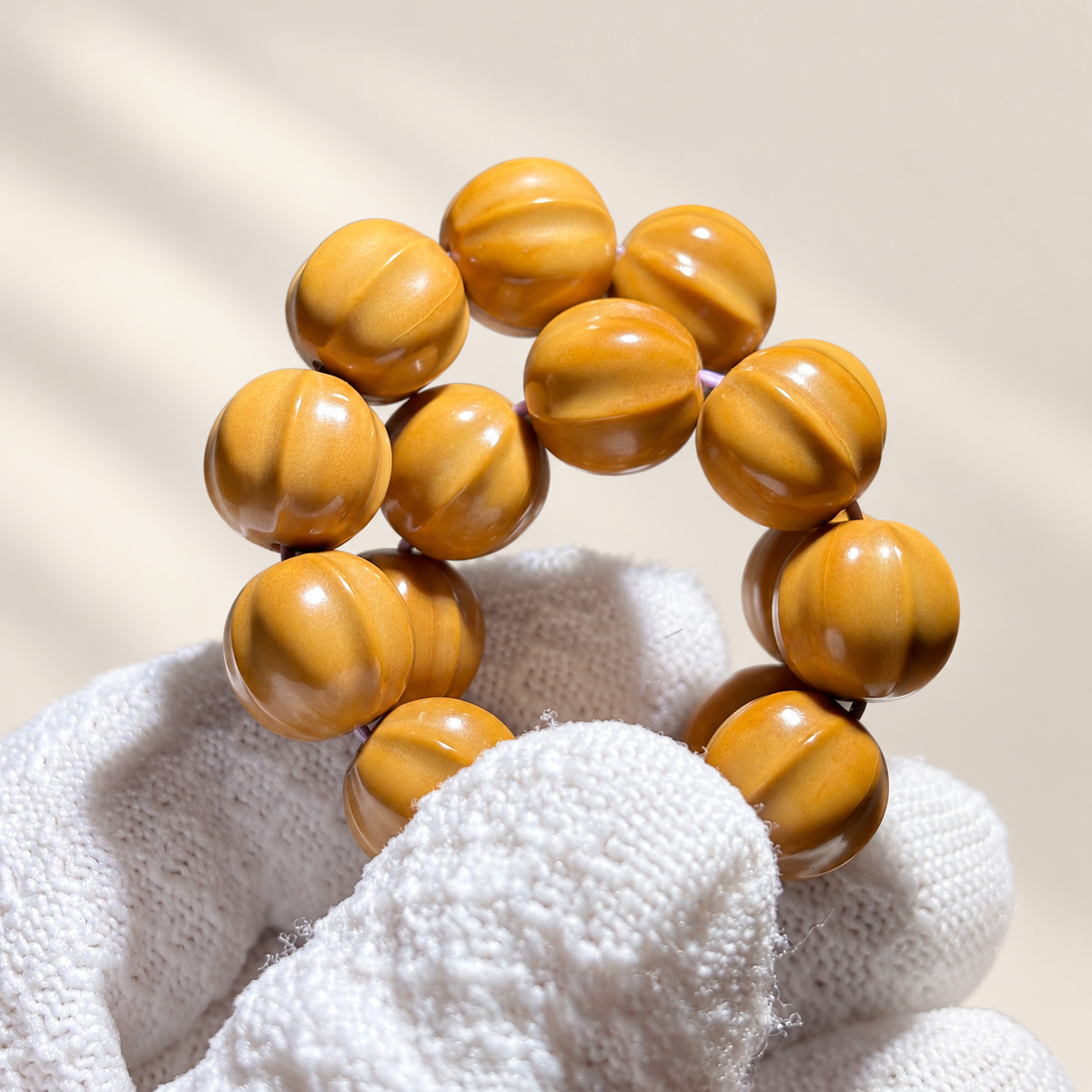 Monkey Head Walnut Bracelet, Small Shark-Back Beads — another angle