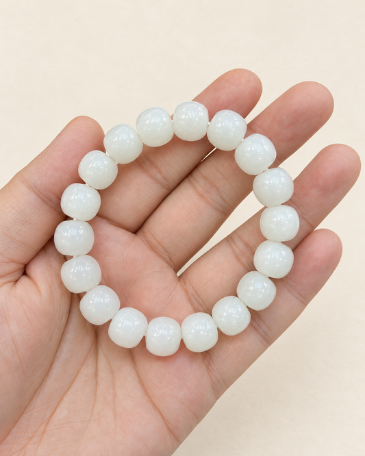 Nephrite Jade Bracelet, Soft White Barrel Beads — another angle