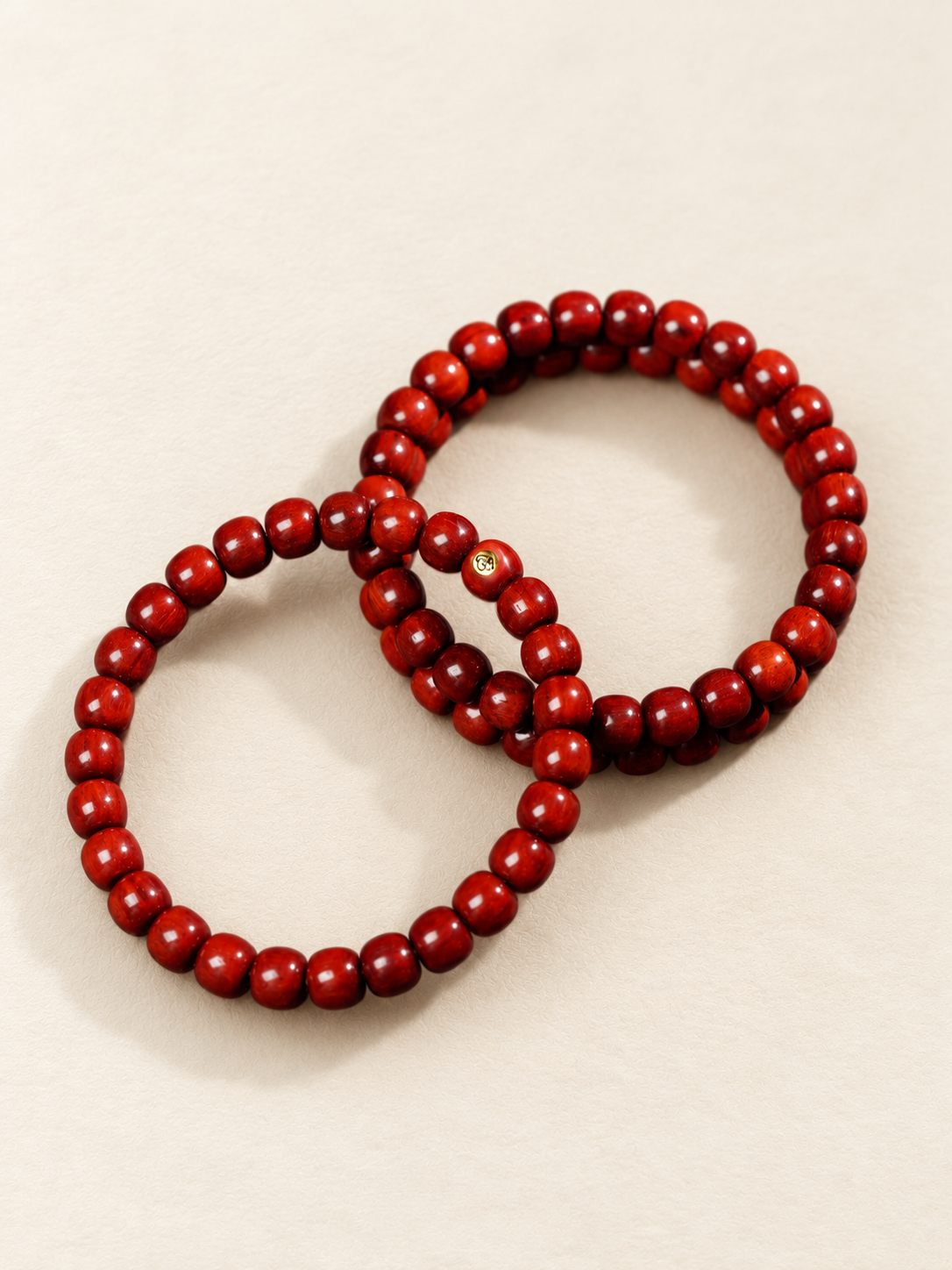 Zitan Bracelet, Barrel Beads with Gold-Toned Mark — another angle