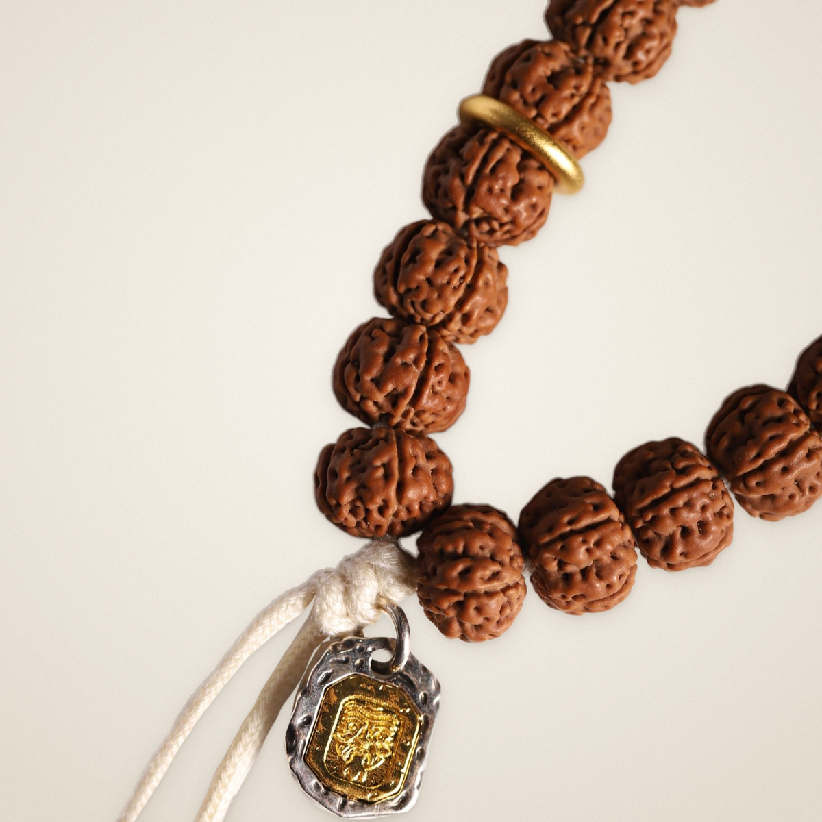 Rudraksha Strand, Natural Ridges — Selection Zero — beads and engraved tag detail