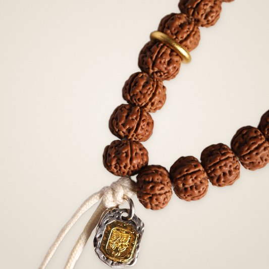 Rudraksha Strand, Natural Ridges — Selection Zero — beads and engraved tag detail