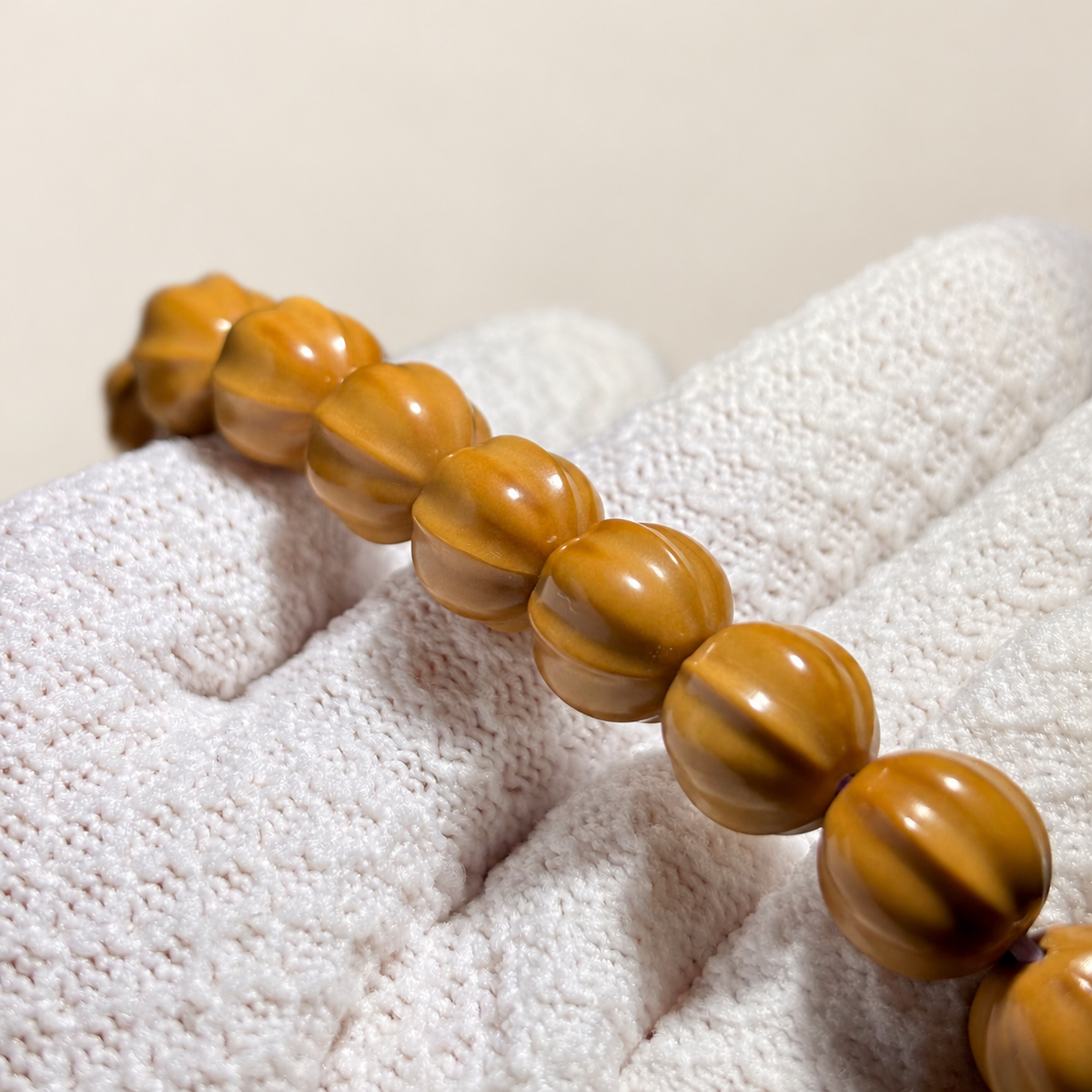 Monkey Head Walnut Bracelet, Small Shark-Back Beads — detail view
