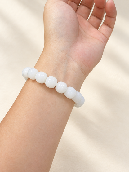 Nephrite Jade Bracelet, Soft White Barrel Beads — detail view